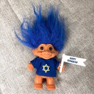 Vintage Russ Troll Doll Blue Hair Happy Chanukah Flag Hanukkah